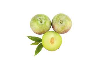 Fresh Green Plums with Leaves - Sweet Crisp Fruit on White Background