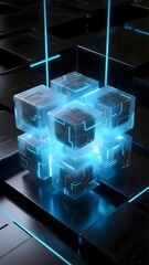 Futuristic Cubes with Glowing Blue Connections on a Dark Platform