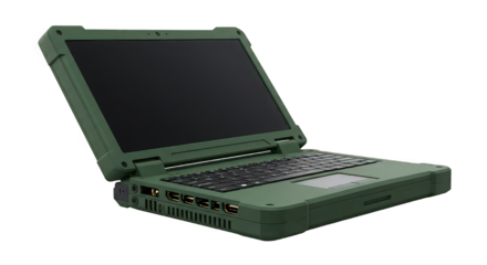 Green rugged laptop isolated on transparent background, built for demanding environments, offering robust performance and enhanced durability