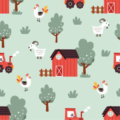 Seamless pattern with farm houses and animals. Design for fabric and paper printing.