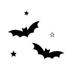 Halloween Bats and Stars Silhouette Illustration, Black and White Vector Icon Set