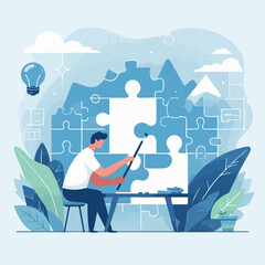 Illustration of a businessman putting together a puzzle