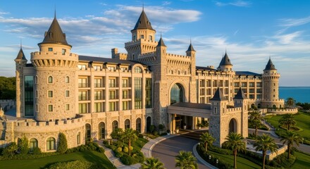 Fototapeta premium Majestic medieval-inspired castle with towers and ocean view under blue sky