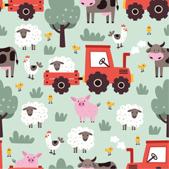 Seamless pattern with a farm, tractor and trees. Suitable for printing on fabric and wrapping paper.