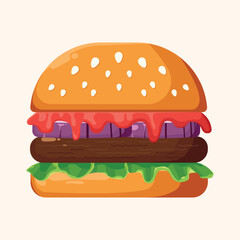Cartoon-style beef burger with lettuce, onion, and ketchup, isolated vector illustration