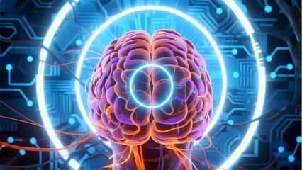 Digital Artwork of a Brain with Neon Circles and Circuitry Background