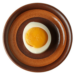 White boiled egg yellow egg yolk in brown plate on transparent background