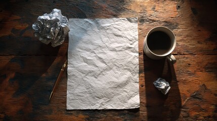 Contemplative Workspace - Coffee, Paper, and Creative Chaos on Wooden Desk.