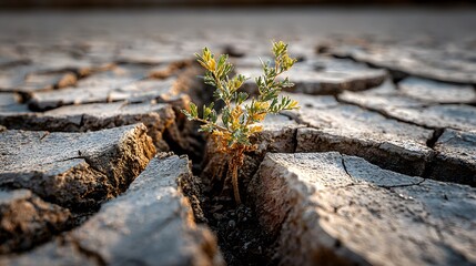 Fototapeta premium Dramatic, low-angle shot of a sun-baked, cracked earth landscape. A single tiny green sprout grows from a fissure, symbolizing hope in this photorealistic view.