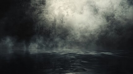 A dark, atmospheric scene depicting mist and water, creating a moody and mysterious ambiance.