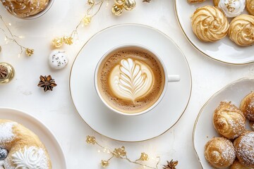 Xícara de café elegante com detalhes dourados, acompanhada de doces e decorações festivas em fundo branco, criada com IA generativa para um visual sofisticado e convidativo