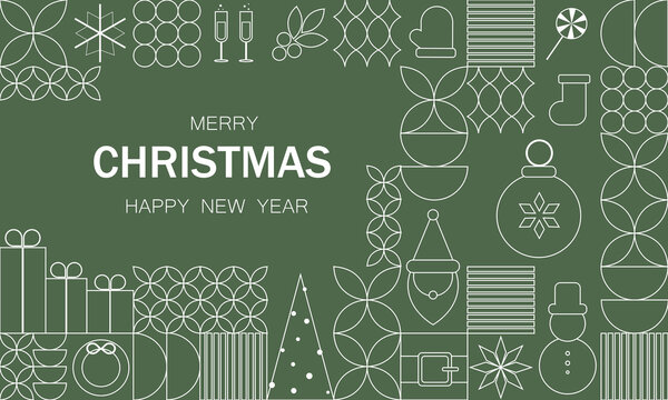 Greeting geometric Christmas card. Merry Christmas and New Year modern mosaic poster, banner. Vector