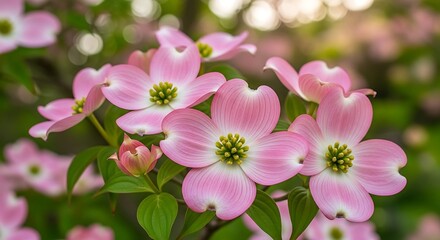 Obraz premium Beautiful Pink Dogwood Flowers Blooming in Spring Garden.
