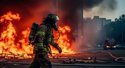 Naklejka premium Firefighter standing in front of massive flames 