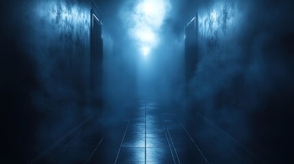 A dimly lit hallway shrouded in mist, creating a mysterious and eerie atmosphere with two doors on either side.