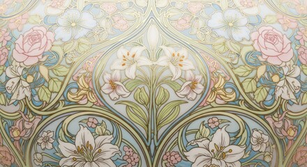 Art nouveau floral pattern with roses, lilies, and swirling foliage