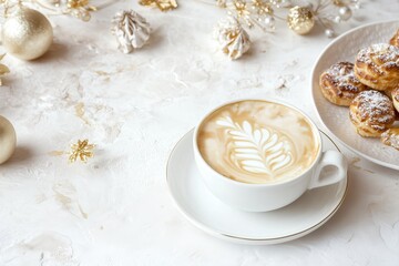 Xícara de café elegante com detalhes dourados, acompanhada de doces e decorações festivas em fundo branco, criada com IA generativa para um visual sofisticado e convidativo