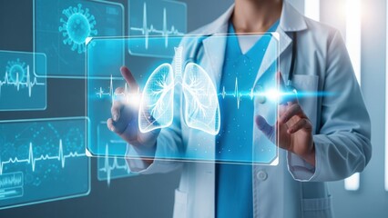 A doctor working on a glowing holographic lungs and digital data in a high tech setting, highlighting artificial intelligence in healthcare, medical ai