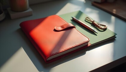 Red leather journal and pen bathed in warm sunlight on a desk