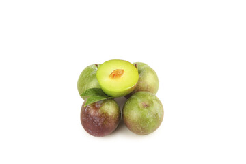 Fresh Green and Red Plums with Cut Half Showing Flesh - Healthy Organic Stone Fruit on White Background