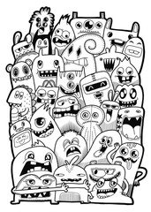 Hand-drawn illustrations, monsters doodle, Hand Drawn cartoon monster illustration,Cartoon crowd doodle hand-drawn Doodle style.black and white stripes coloring  book.