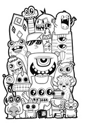 Hand-drawn illustrations, monsters doodle, Hand Drawn cartoon monster illustration,Cartoon crowd doodle hand-drawn Doodle style.black and white stripes coloring  book.