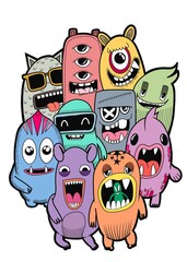 Hand-drawn illustrations, monsters doodle, Hand Drawn cartoon monster illustration,Cartoon crowd doodle hand-drawn Doodle style.