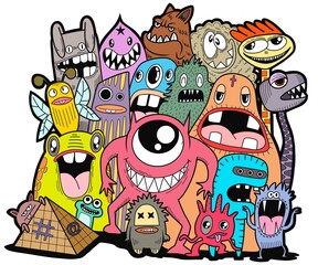 Hand-drawn illustrations, monsters doodle, Hand Drawn cartoon monster illustration,Cartoon crowd doodle hand-drawn Doodle style.