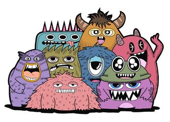 Hand-drawn illustrations, monsters doodle, Hand Drawn cartoon monster illustration,Cartoon crowd doodle hand-drawn Doodle style.