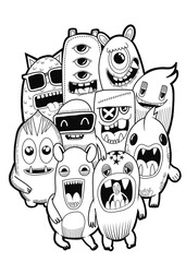 Hand-drawn illustrations, monsters doodle, Hand Drawn cartoon monster illustration,Cartoon crowd doodle hand-drawn Doodle style.black and white stripes coloring  book.