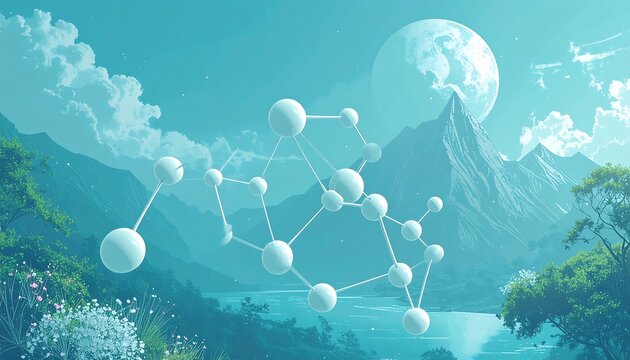 Serene landscape with molecular structure - Powered by Adobe