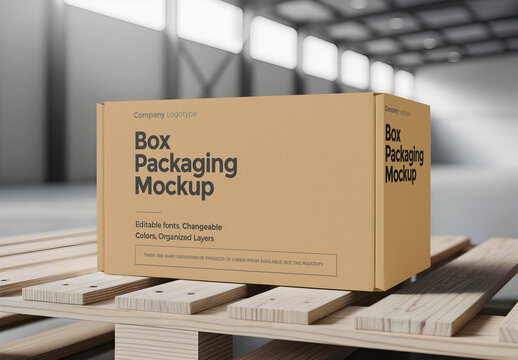 Cardboard box mockup in a warehouse environment