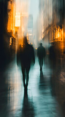 Ethereal Urban Dream with Blurred Movements and Soft Glowing Lights  