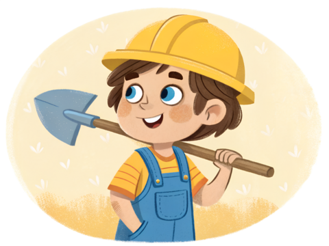Cute Cartoon Boy with Shovel and Hard Hat on transparent background