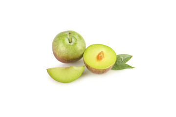Fresh Green Plums Whole and Sliced with Leaf on White Background