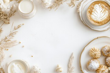 Xícara de café elegante com detalhes dourados, acompanhada de doces e decorações festivas em fundo branco, criada com IA generativa para um visual sofisticado e convidativo