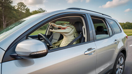 Fototapeta premium A crocodile is seen sitting in the driver's seat of an SUV, gripping the steering wheel, while parked on a scenic road lined with trees. The sun casts a warm light in the background.