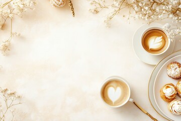 Xícara de café elegante com detalhes dourados, acompanhada de doces e decorações festivas em fundo branco, criada com IA generativa para um visual sofisticado e convidativo