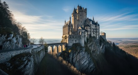 Majestic european castle on cliff with stone bridge at sunset