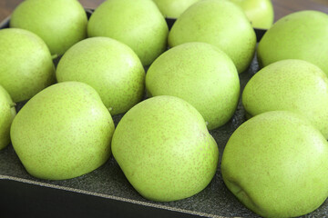 Fresh Green Pears in Wooden Crates - Organic Fruit Display