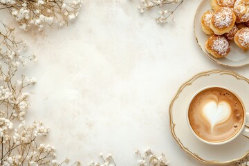 Xícara de café elegante com detalhes dourados, acompanhada de doces e decorações festivas em fundo branco, criada com IA generativa para um visual sofisticado e convidativo