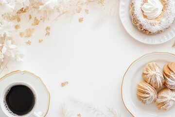 Xícara de café elegante com detalhes dourados, acompanhada de doces e decorações festivas em fundo branco, criada com IA generativa para um visual sofisticado e convidativo