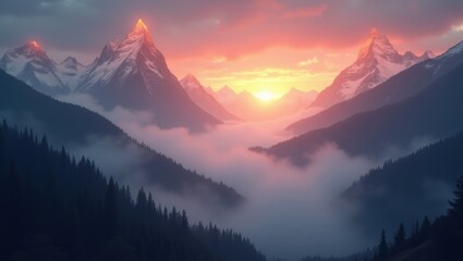 A breathtaking mountain vista bathed in the warm hues of a majestic sunset, with layers of fog and towering peaks piercing the sky.