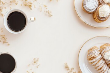 Xícara de café elegante com detalhes dourados, acompanhada de doces e decorações festivas em fundo branco, criada com IA generativa para um visual sofisticado e convidativo