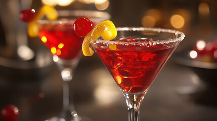 Two christmas cosmopolitan cocktails garnished with cherry and lemon twist