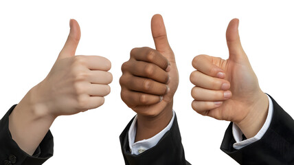 Three diverse hands giving thumbs up gesture isolated on white background