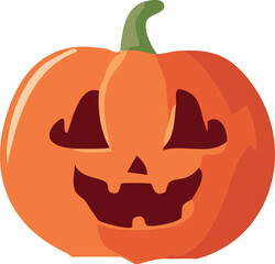 Cartoon illustration of a carved orange pumpkin with a happy face and green stem, isolated on a white background.