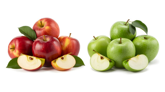 Pile of red apples and green apples with leaves and slices, isolated on white background