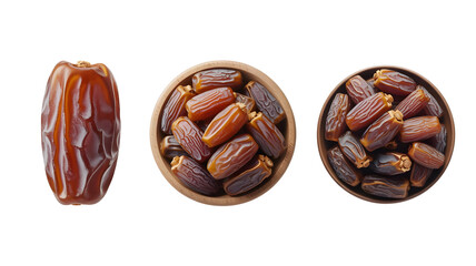 A single medjool date and two bowls of dates isolated on white background