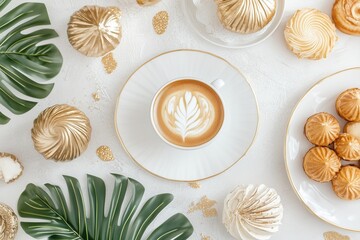Xícara de café elegante com detalhes dourados, acompanhada de doces e decorações festivas em fundo branco, criada com IA generativa para um visual sofisticado e convidativo